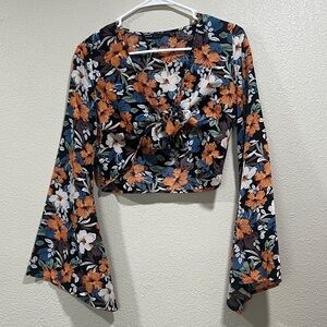 Floral Twist-Front Long Bell Sleeve Crop Top